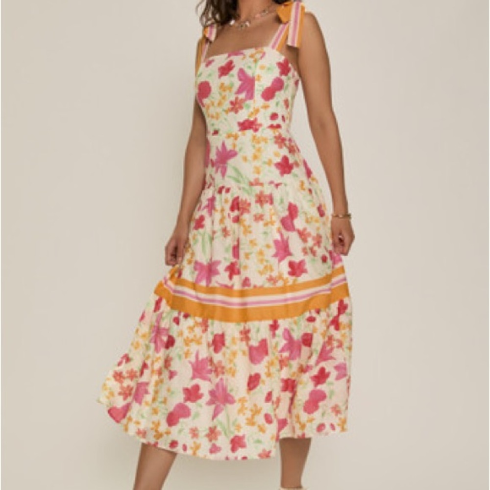Francesca's Collections Floral Midi Dress with Pink and Orange Accents